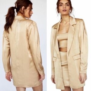 Fame and Partners X Free People Women's Tan Satin Longline Oversized Open Blazer